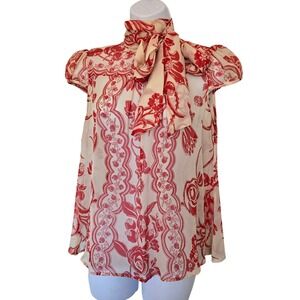 Tracy Reese Silk Scarf Bow Red Cream Blouse Size 4 Romantic Toile Top Parisian